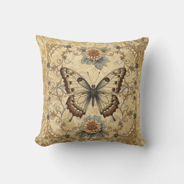 Coussin Motif de jardin classique, papillon et fleurs (Recto)