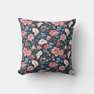 Coussin Motif de jardin floral bleu marine romantique
