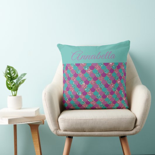 Coussin Motif de la queue de sirène avec nom sur Turquoise (Chaise)