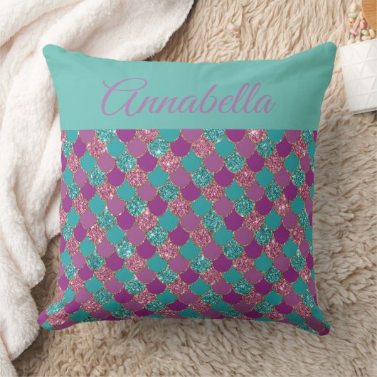 Coussin Motif de la queue de sirène avec nom sur Turquoise (Couverture)