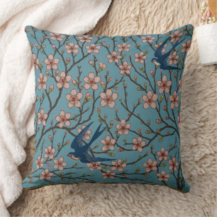 Coussin Motif de l'hirondelle florale rétro bleu par Walte