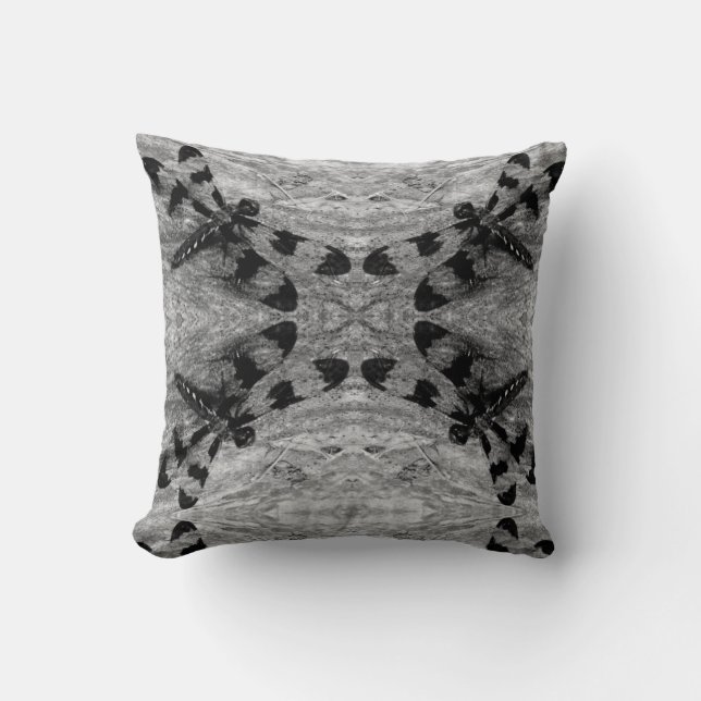 Coussin Motif de libellule noir, gris, gris foncé dos soli (Recto)