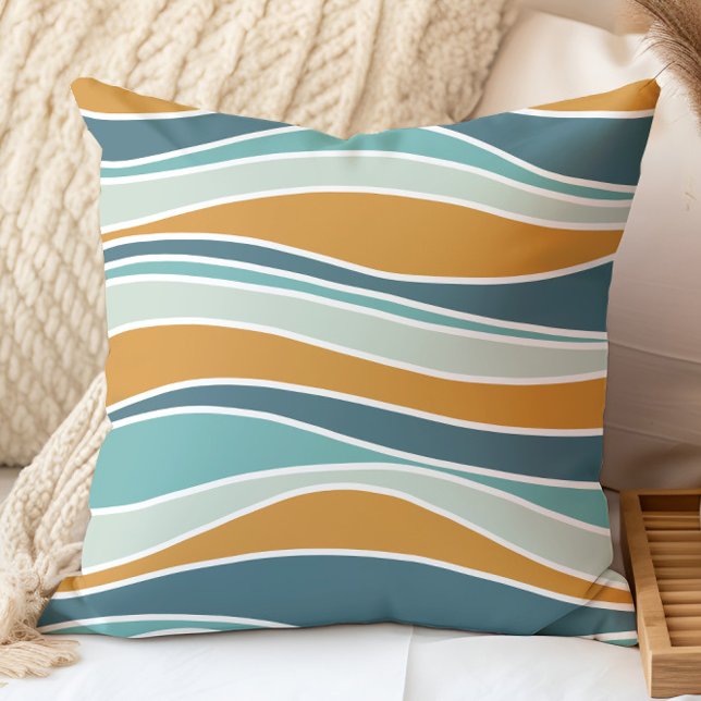 Coussin Motif de lignes Wavy rétro, Turquoise, Aqua (Créateur téléchargé)