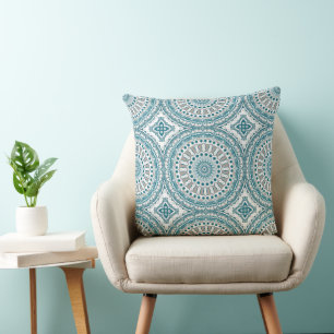 Coussin Motif de mandala abstrait sarcelle et ivoire