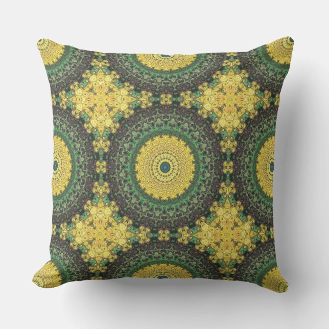 Coussin Motif de mandala kaléidoscope jaune et vert (Recto)