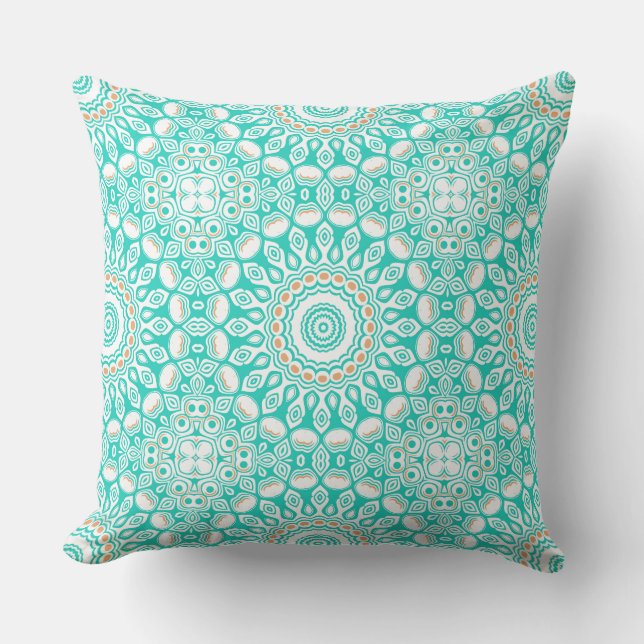 Coussin Motif de mandala océan turquoise et beige (Recto)