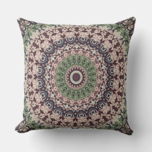 Coussin Motif de mandala vert et marron tons terre