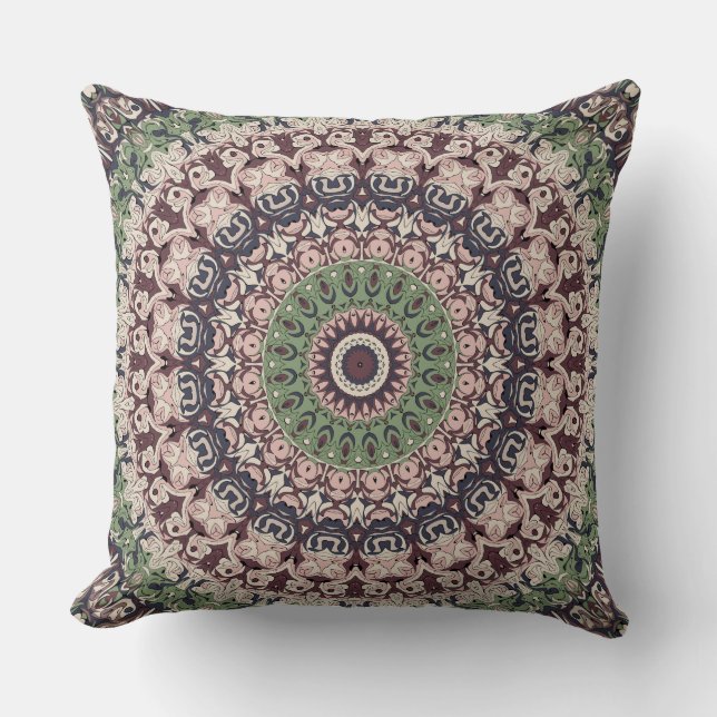 Coussin Motif de mandala vert et marron tons terre (Recto)