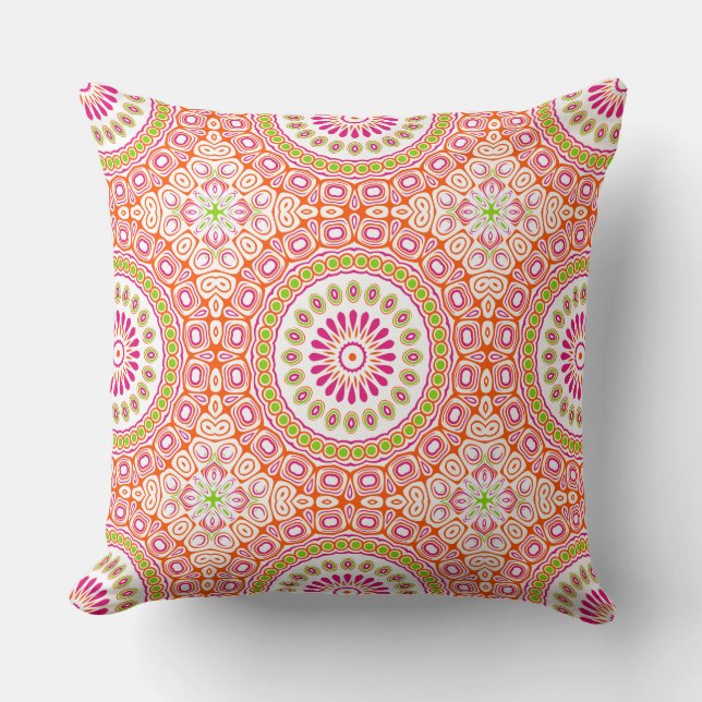 Coussin Motif de mandala vibrant fuchsia orange et vert (Recto)