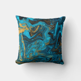 Coussin Motif de marbrure bleu et or. Liquide de marbre do