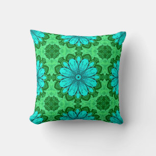 Coussin Motif de marguerite géométrique en Turquoise et Ve