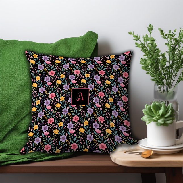 Coussin Motif de monogramme de fleur sauvage simple noir (Créateur téléchargé)