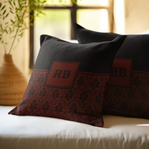 Coussin Motif de monogramme en damas bordeaux et noir