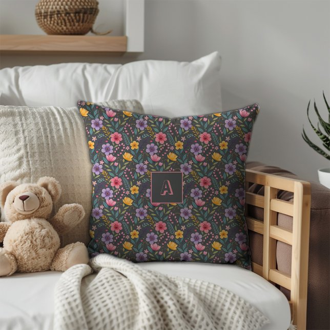 Coussin Motif de monogramme simple de fleur sauvage grise (Créateur téléchargé)