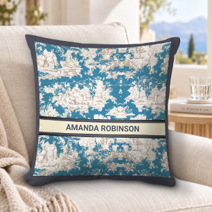 Coussin Motif de monogramme Toile de Jouy bleu vintage