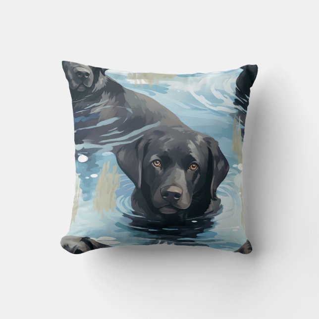 Coussin Motif de natation du Labrador noir (Recto)