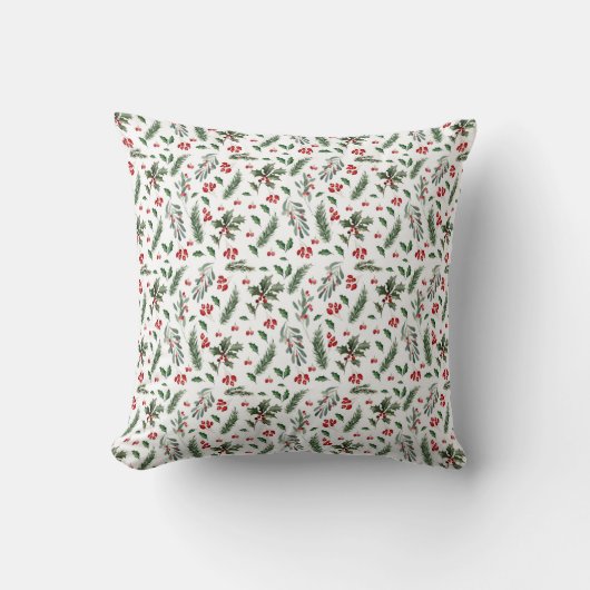 Coussin Motif de Noël avec baies et feuilles vertes (Recto)
