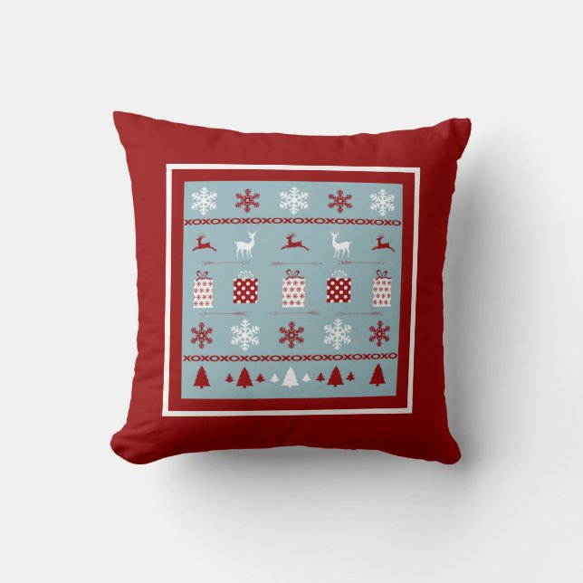 Coussin Motif de Noël, blanc, rouge et bleu (Recto)