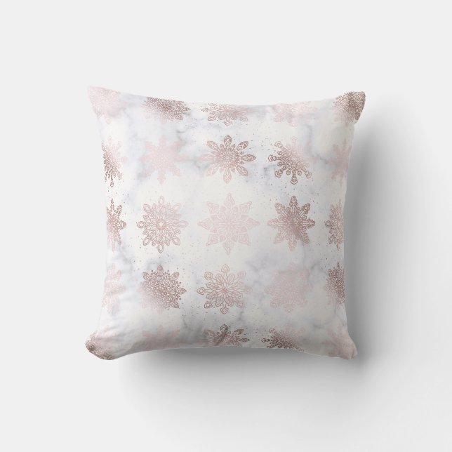 Coussin Motif de Noël Rose Gold & Marble Snowflake (Recto)