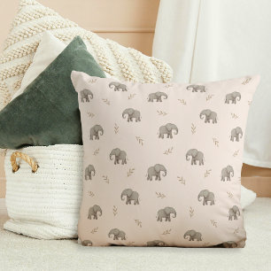 Coussin Motif de nursery éléphants à l'aquarelle rose tend