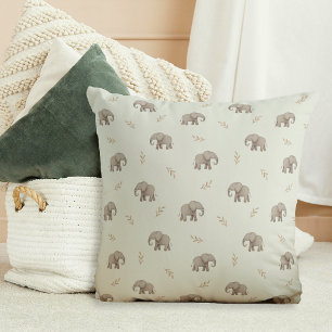 Coussin Motif de nursery vert poussiéreux aux éléphants à