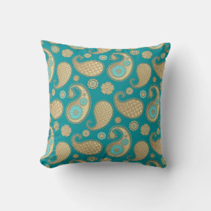 Coussin Motif de Paisley, or mol sur la turquoise