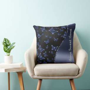 Coussin Motif de papillons bleus Parties scintillant de gl