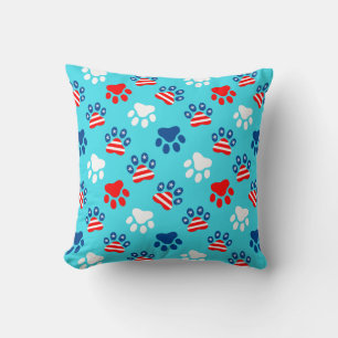 Coussin Motif de pattes de chien rouge, blanc et bleu patr