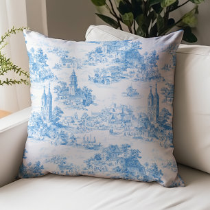 Coussin Motif de paysage de village Toile de Jouy bleue