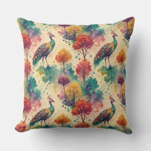 Coussin Motif de peinture de forêt de paon à l'aquarelle v