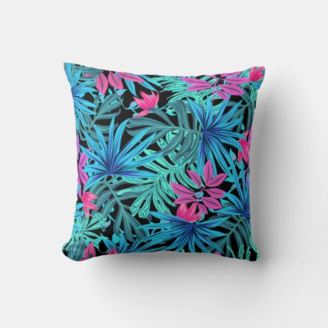Coussin Motif de Plante Neon Pink et Blue Tropical (Recto)