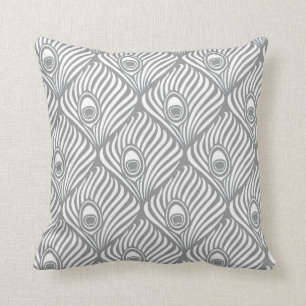 Coussin Motif de plume de paon dans gris et blanc