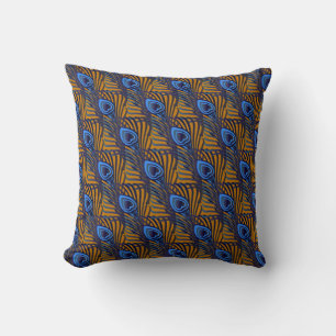 Coussin Motif de plumes de paon bleu et orange de minuit