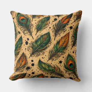 Coussin Motif de plumes de paon bohème 