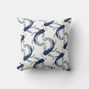 Coussin Motif de poisson bleu et blanc, peinture à l'encre