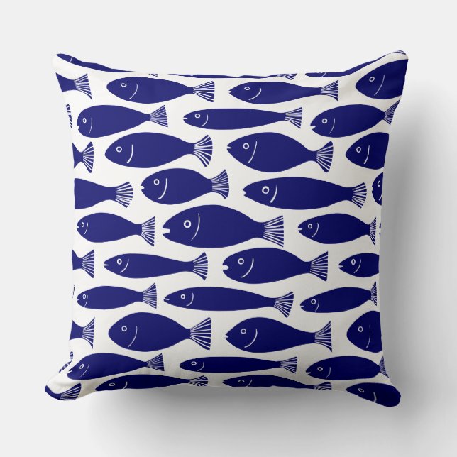 Coussin Motif de poisson - Bleu foncé sur blanc (Recto)