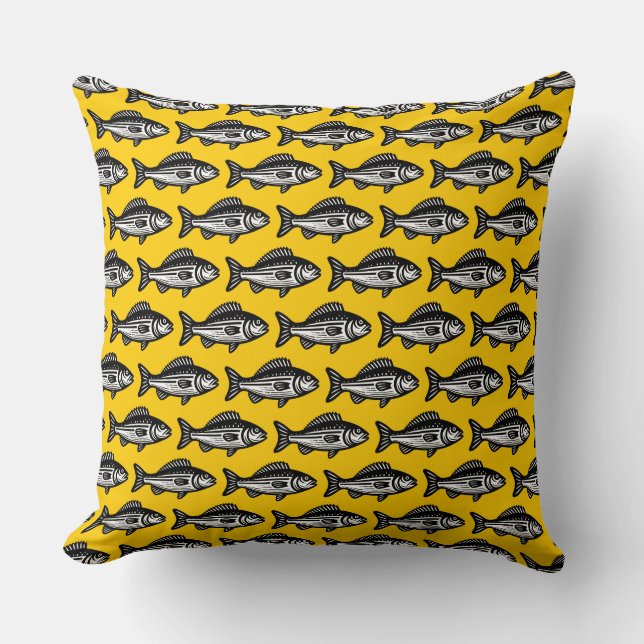 Coussin Motif de poisson - noir et blanc sur ambre (Recto)