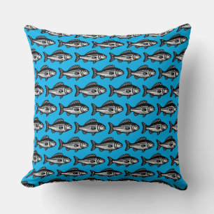Coussin Motif de poisson - noir et blanc sur le bleu ciel