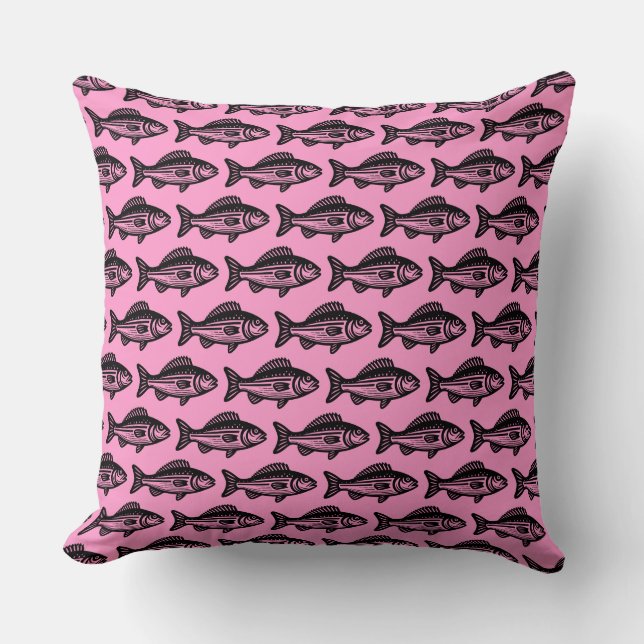 Coussin Motif de poisson - Noir sur rose (Recto)