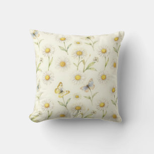 Coussin Motif de prairie à marguerite et papillon à l'aqua