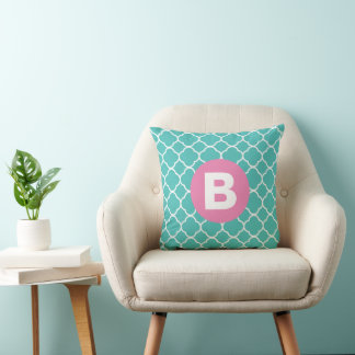 Coussin Motif de quatrefeuille sarcelle avec monogramme ro