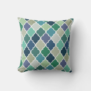 Coussin Motif de quatrefoil bleu, vert et turquoise