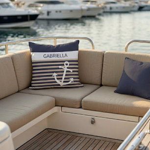 Coussin Motif de rayure brun beige taupe nautique personna