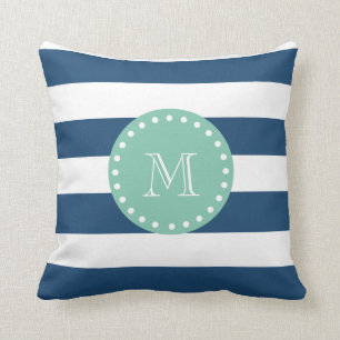Coussin Motif de rayures de bleu marine, monogramme vert