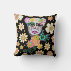 Coussin Motif de rouleaux noirs et roses par Natalie Schor