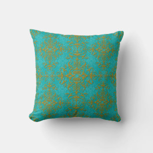 Coussin Motif de style Damask or et Turquoise