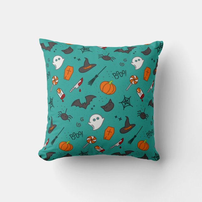 Coussin Motif de style plat Halloween Turquoise. (Recto)