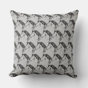 Coussin Motif de tête de cheval classique gris noir