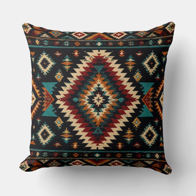 Coussin Motif de textile géométrique Boho – Sarcelle rusti (Recto)