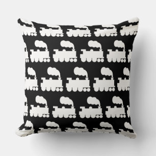 Coussin Motif de train à vapeur - Blanc sur Noir